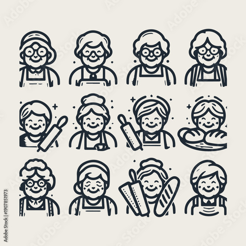 Icon set warm and friendly grandmother holding bread and a rolling pin vector