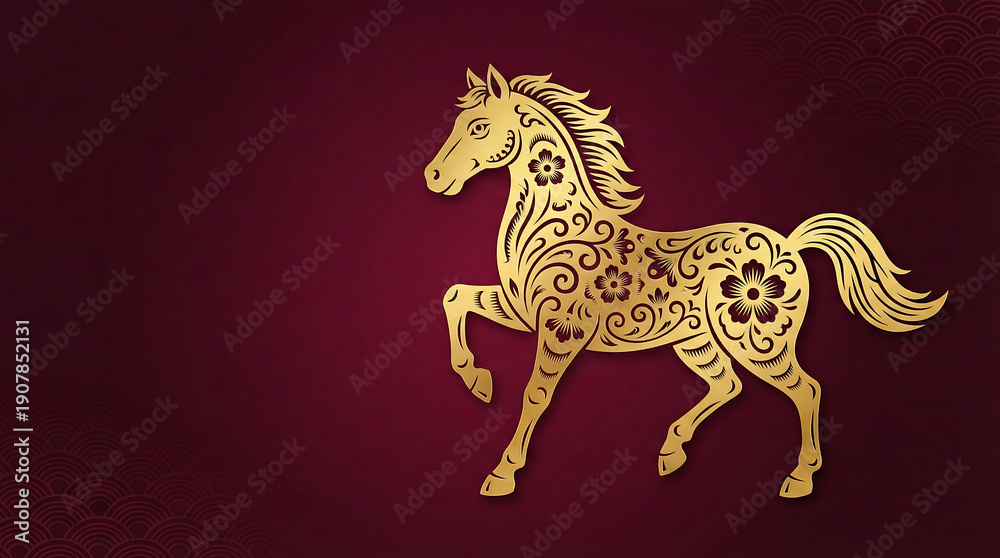 Obraz premium Golden horse paper cut design on red background with oriental patterns for a traditional chinese new year celebration and zodiac horse year