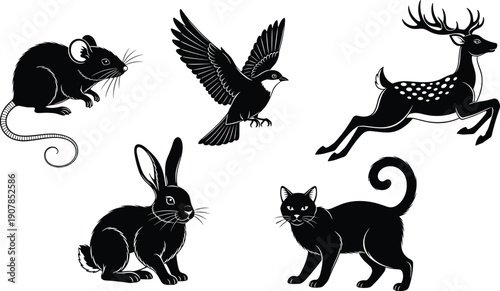 Set of black woodland animal silhouettes including mouse, flying bird, deer, rabbit, and cat, cute wildlife vector collection for nature logos and designs