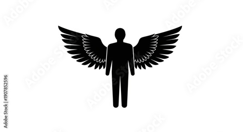 Black silhouette of a human figure with large wings.