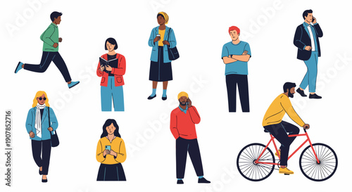 Set of cartoon business people characters in a vector illustration style showing men and women as a team at work