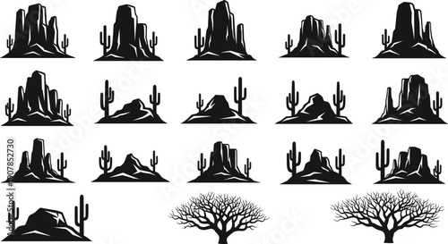 Set of desert landscape silhouette icons with mountains, rock formations, cactus, and dry trees, western vector collection for travel logos, posters, and designs