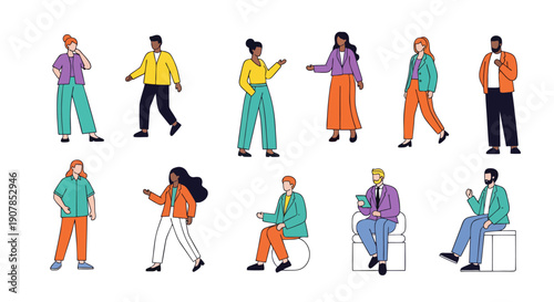 Set of business people silhouettes including men women and families in various walking and working poses