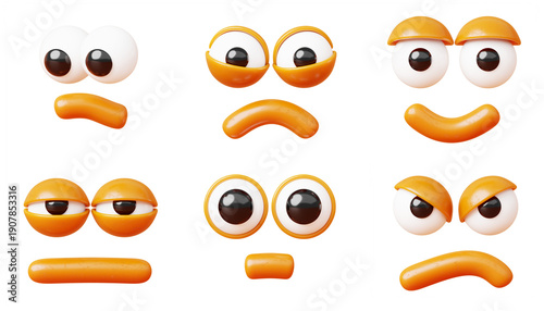 3d cartoon faces, expressive eyes and mouth for animated character design. Render set of comic facial expression, looking down, smiling, sad, sleepy, angry and surprised emotions