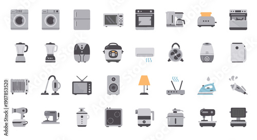 Flat home appliance icon set – modern household electronics and kitchen equipment vector pack