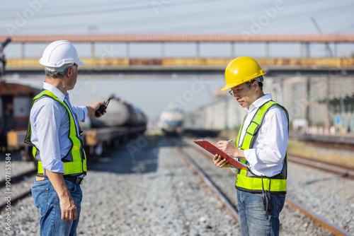 Railway engineers coordinating inspection and safety checks at a rail yard with tanker trains in the background. Concept of rail operations, teamwork