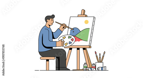 Artist Painting Landscape with Brush and Palette on Canvas
