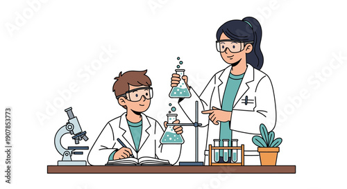 Two young scientists in lab coats conducting experiments with beakers and microscope