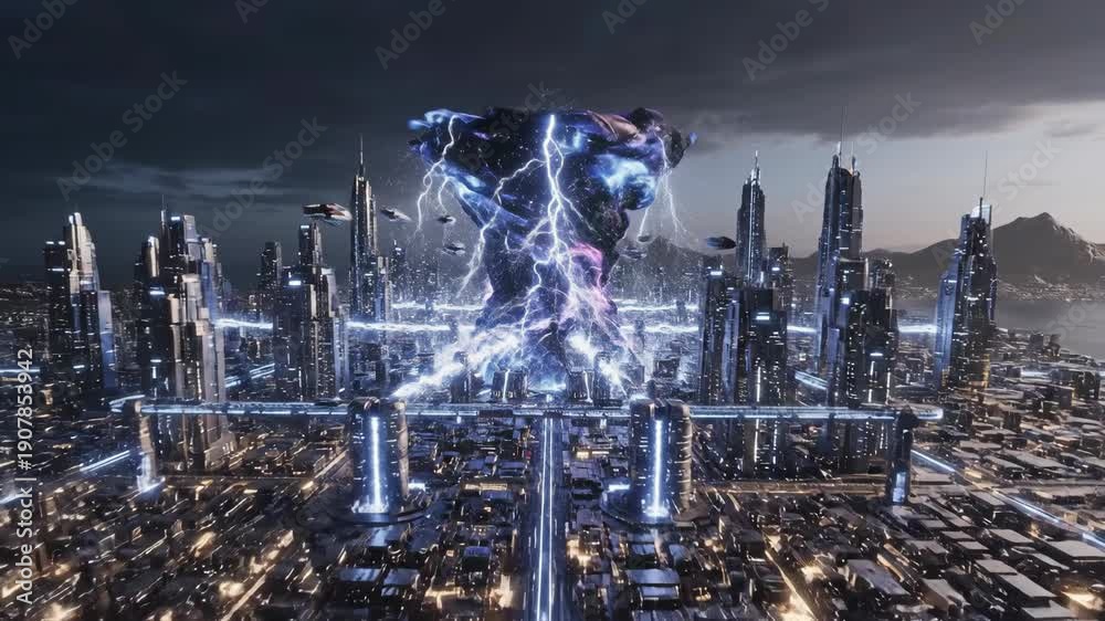 custom made wallpaper toronto digitalFuturistic City Skyline Under Electric Storm With Digital Vortex And Glowing Lights