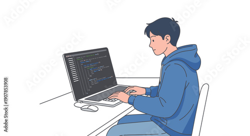 Young Man in Blue Hoodie Concentratedly Coding on Laptop
