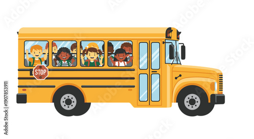 Yellow School Bus Filled with Happy Children Waving