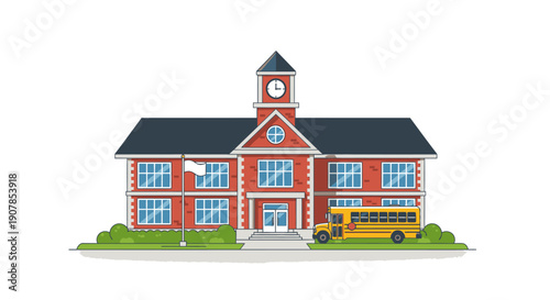 Cartoon School Building with Clock Tower and Yellow School Bus Illustration