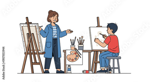 Art Class: Teacher Guiding Student Painting on Canvas with Easel