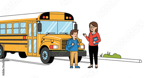 Cheerful student with backpack talks to teacher by yellow school bus
