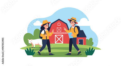 Two Smiling Farmers in Yellow Hats and Backpacks Walking Together.