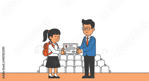 Young female student in uniform receiving an academic award certificate from a male teacher.