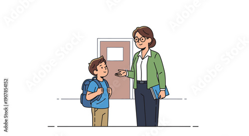 Caring female teacher with glasses and a green jacket talking to a young schoolboy with a blue backpack.