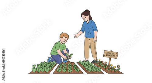 A smiling teacher guides a young boy planting a seedling in a school garden illustration.