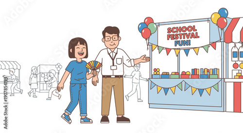 A cheerful teacher and a happy student at a colorful school festival fun fair stall.