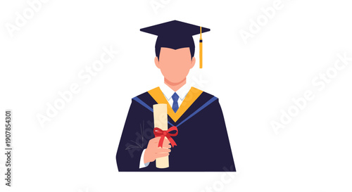 Faceless male graduate in a dark blue cap and gown with a yellow stole, holding a diploma scroll with a red ribbon.