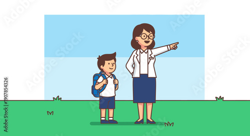 A female teacher in a white coat pointing and guiding a young male student with a blue backpack.