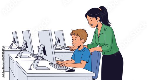 Female teacher with a ponytail guiding a young boy using a computer in a classroom setting.