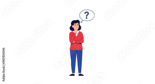 Thoughtful cartoon woman in a red sweater and blue pants, pondering with a question mark thought bubble.