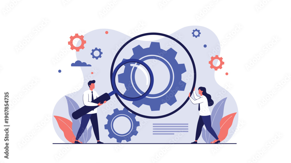 Fototapeta premium Pair of business professionals use a large magnifying glass to inspect mechanical gears for quality control and operational auditing.