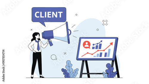 Marketing professional shouts client through a megaphone toward a dashboard with charts to show customer acquisition and lead generation.