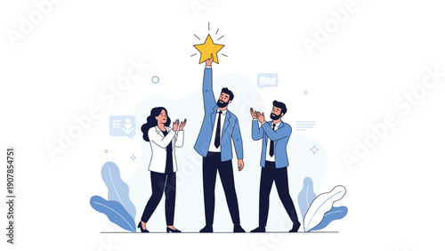 High performing employee reaches for a golden star while supportive colleagues applaud to represent success and career recognition.