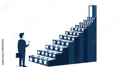 Ambitious corporate professional looks at a staircase made of stars leading to an open door to illustrate career advancement and goals.