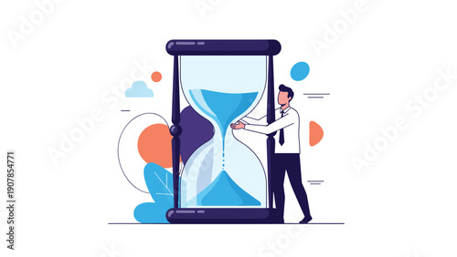 Tired businessman leans against a massive hourglass to represent time pressure, approaching deadlines, and the importance of patience.