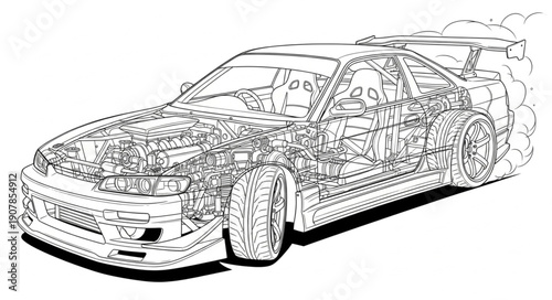 Detailed Automotive Engineering Blueprint of a Sports Car.