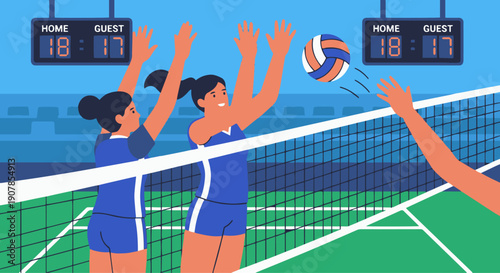 You said
Volleyball Player Blocking

Flat vector illustration of a volleyball player jumping at the net to block an opponent’s spike. Net and ball visible. Flat vector style, competitive match moment.