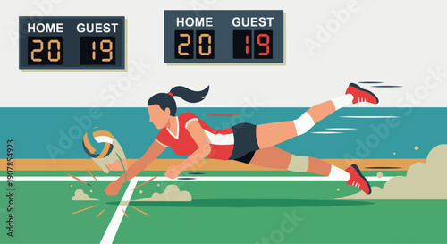 You said
Volleyball Player Diving Save

Flat vector illustration of a volleyball player diving on the floor to save the ball. Motion lines, ball close to ground. Flat vector style, energetic and drama