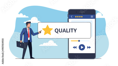 Businessman pointing at a quality star on a smartphone screen representing high customer satisfaction and service excellence.
