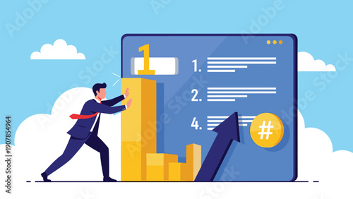Entrepreneur pushing a bar chart upwards on a digital screen to reach the number one position in ranking and market success.
