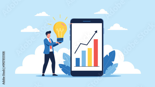 Businessman holding a bright light bulb next to a smartphone screen displaying a growing bar chart of success and innovation.