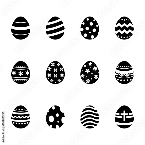 Easter egg icons set.
Black and white minimalist Easter eggs with various patterns. Perfect for web, apps, social media, packaging and print design.