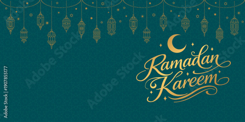 Greeting card or banner dedicated to the holy month of Ramadan. This Muslim holiday features a crescent moon with lamps and hand-lettered inscription. Vector illustration.