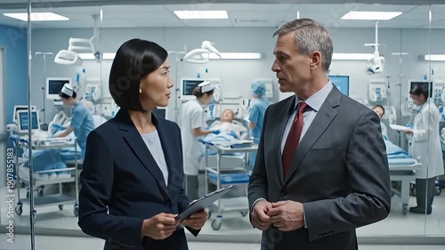Two hospital management professionals discuss project plans in a modern intensive care unit