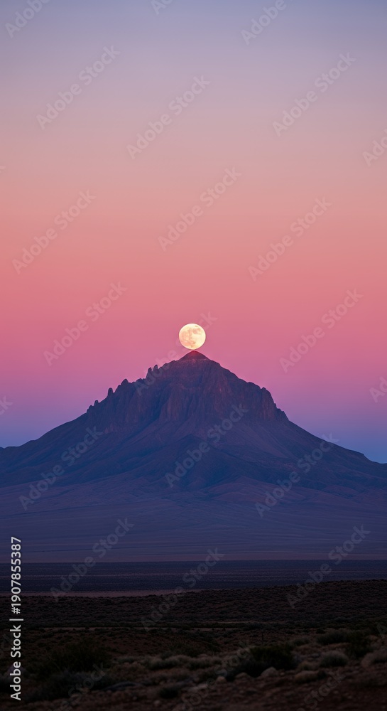 Obraz premium Mountain Peak with Full Moon Rising at Sunset in Desert Landscape