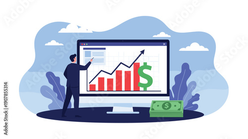 Trader pointing at a rising bar chart and line graph on a computer screen for financial market analysis and stock trading.