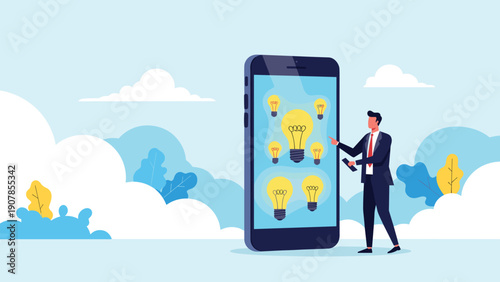 Businessman pointing at various light bulb ideas on a large smartphone screen for mobile innovation and creative concepts.