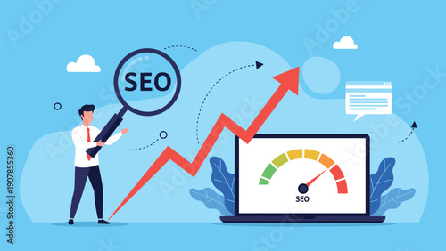 Digital marketing professional uses magnifying glass to analyze seo performance metrics on a laptop screen with growth indicators.