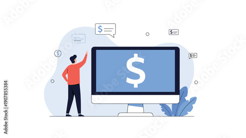 Professional man pointing at a large dollar sign on a desktop computer screen representing financial success and online earnings.