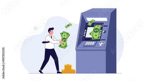 Successful man gathering falling green paper money from a blue automated teller machine representing financial prosperity.