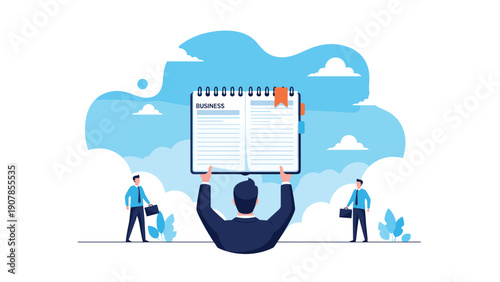 Back view of a businessman holding up a giant business notebook while other smaller professionals stand in the background.