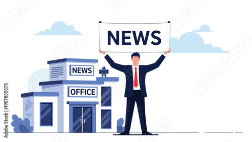 Media professional holding a large news sign in front of a modern news office building representing journalism and reporting.