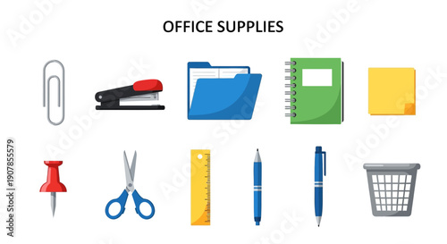 Collection of office supplies depicted in two horizontal rows against a white background